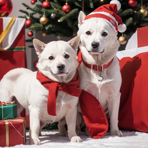 Produce a high-resolution digital image that captures the joy and cuteness of a dog in the holiday spirit. O cachorro deve ser retratado usando um gorro de Papai Noel, conveying a feeling of fun and festivity. He must be involved in a playful scene, playin...