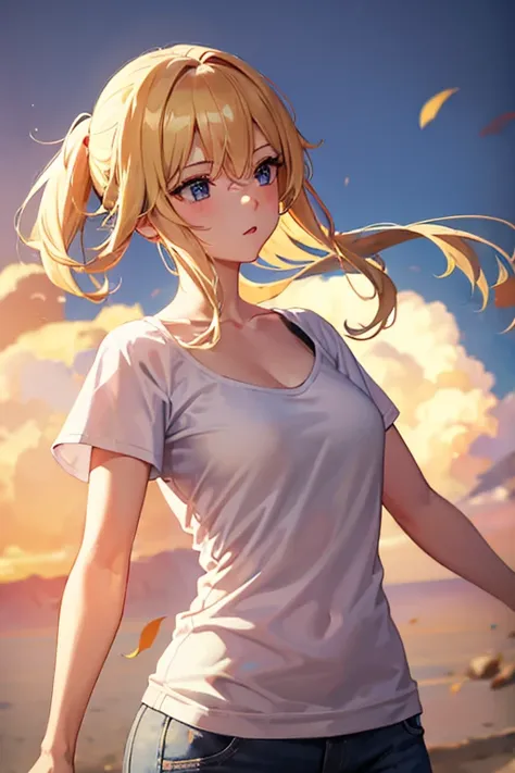 1 girl, white collarless t-shirt, short sleeves, happy, looking straight ahead, blond hair, boobs cup b