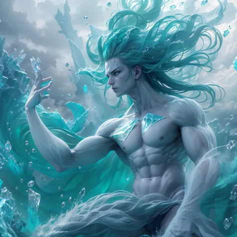 Best quality，tmasterpiece，8K，Detailed details，hyper-high detail，（blue crystal man：1.5），(Water giant)，(giant made of crystal:1.5),swirles，Water hair，water fluid clothing，lens，Raging sea，splash，Raise both hands，废墟，particle effect，The air is full of mist，The ...