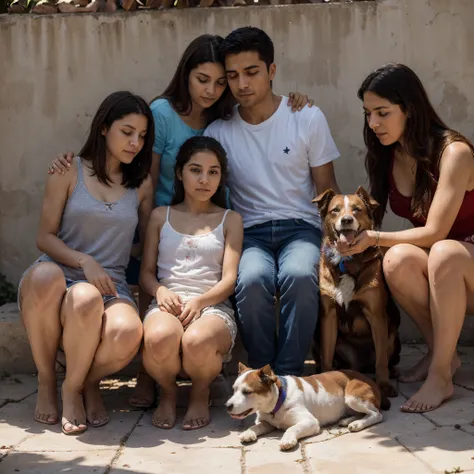 A family with a deceased father, una madre, una hermana, un hermano, un perro fallecido, y otro perro