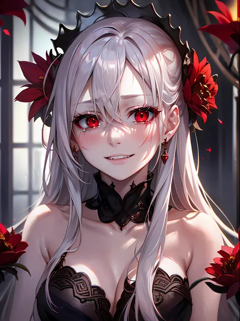 (reminiscent, captivating, and dreamy atmosphere),(malicious gaze with red eyes, porcelain skin, a mischievous smile), their decomposing face with exposed teeth, Crying blood, Red Flowers