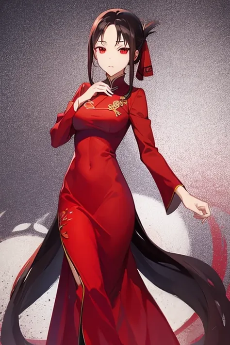 A dark-haired、Longhaire、Red Eye、Beautuful Women、qipao dress