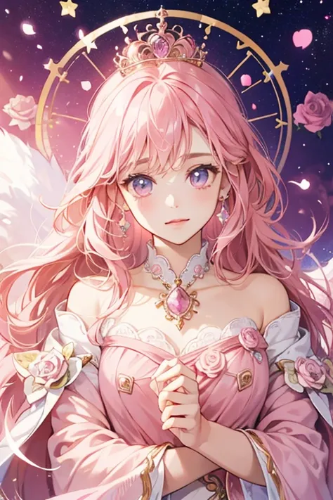 horoscope sign virgo princess; color pink; virgin details; ♍ symbol; rpg; mystical; rose quartz stone;