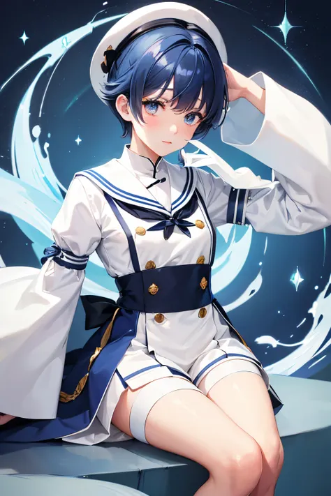 White sailor suit、the sleeves are very wide、The ribbon of the sailor suit is blue、White shorts、Black knee-high socks。An androgynous woman in her 30s with blue hair and a short cut. Her occupation is a priest.。In a fantasy worldview。