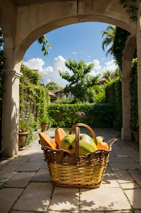 a portion of papaya, em uma linda cesta e fundo em um jardim ensolarado.