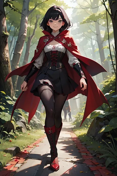 (masterpiece), (best quality), HDR, intricate detail, (ruby rose, red cape, corset, black boots, pantyhose, gradient hair, black hair, grey eyes), smile, (Haute_Couture), looking at viewer, walking through forest