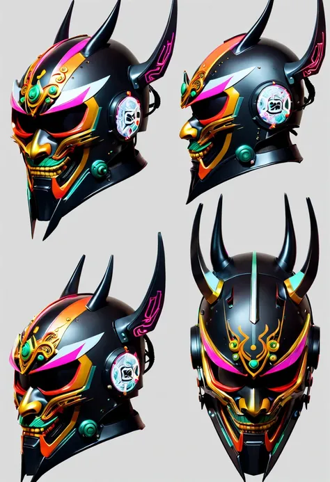 futuristic helmet in the style of a cybernetic hannya mask, laid out on a concept art board showing different angles and features, without the wearer. front, side and 3/4 views. exposed neon circuitry on the surface panels.