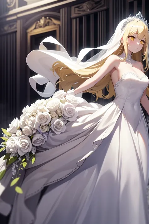 Ghost woman, Long blond hair, yellow glowing eyes, semi-transparent, white ghostly skin, wedding dress, a bridal veil, wedding jewelry like a tiara, white flowers over head, carrying a bouquet of white flowers, white mist surrounding her, dark hallway back...