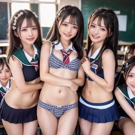 ((top-quality、masutepiece、8K、Top image quality))、Highly saturated、(Group photo of 40 women:2)、(40 high school girls taking a group photo in the classroom:2)、(Wearing only bra and panties:1.5)、((The happiest smile、Biggest smile、Show your teeth and smile、Vie...