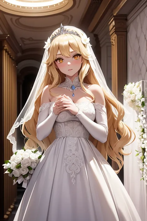 Ghost woman, Long blond hair, yellow glowing eyes, semi-transparent, white ghostly skin, wedding dress, a bridal veil, wedding jewelry like a tiara, white flowers over head, carrying a bouquet of white flowers, white mist surrounding her, dark hallway back...