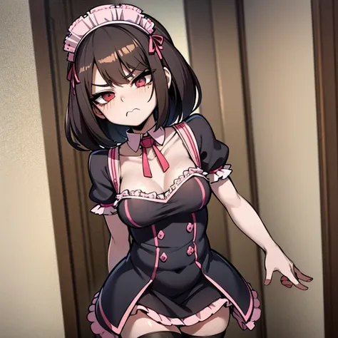 Maid,pouty face,petite body,cherry sized breast,arms crossed over chest,black and pink striped outfit,pink and black striped maid headpiece,black and pink  striped thigh highs,skinny legs,long legs,long frilly skirt,mansion,short brown hair, standing up st...