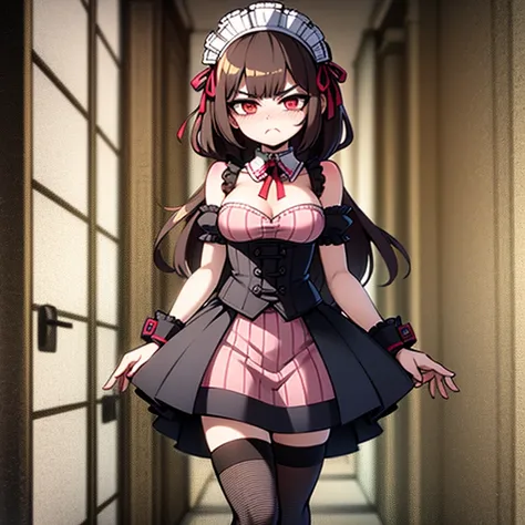 Maid,pouty face,petite body,cherry sized breast,arms crossed over chest,black and pink striped outfit,pink and black striped maid headpiece,black and pink  striped thigh highs,skinny legs,long legs,long frilly skirt,mansion,short brown hair, standing up st...