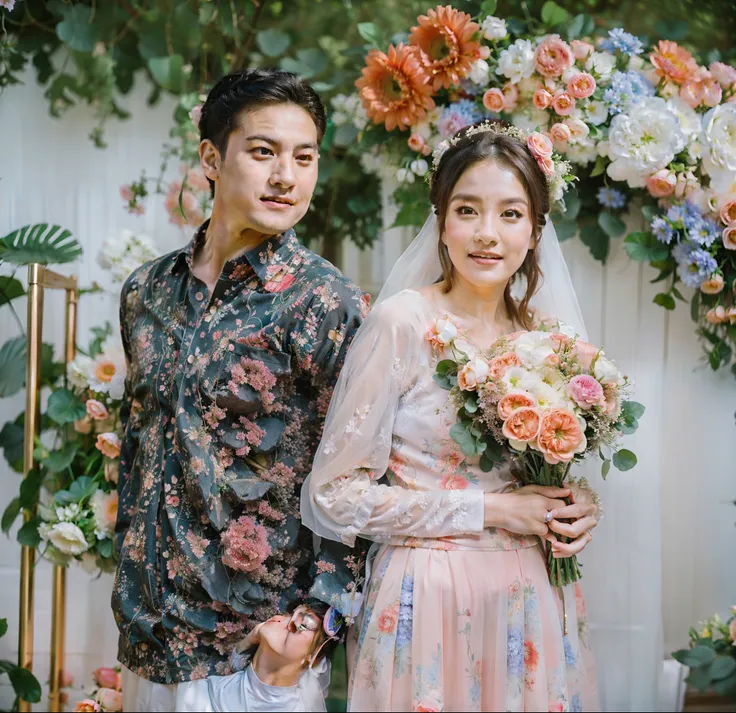 bride and groom standing in front of a floral wall, lovely couple, couple, wedding, happy couple, wedding photo, shot on sony a ...