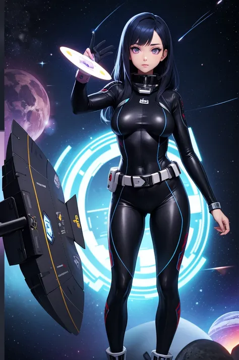 space Explorer woman, long dark blue hair, a black space bodysuit with a few high-tech gadgets, accessories like a belt, purple eyes, Space ship background.