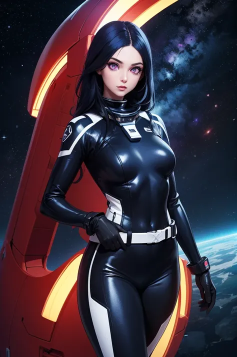 space Explorer woman, long dark blue hair, a black space bodysuit with a few high-tech gadgets, accessories like a belt, purple eyes, Space ship background.