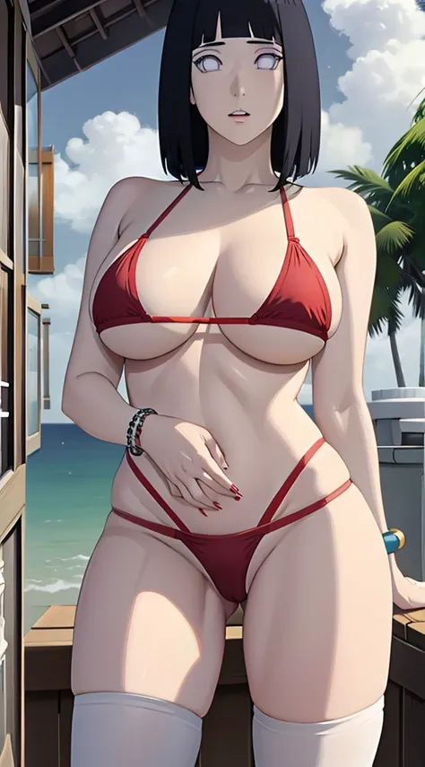 (masterpiece), best quality, expressive white eyes, perfect face, massive boobs, standing, cotton red colour bikini and cotton penty, front facing, black hair, thigh legs , Hinata Hyuga, bracelet on her hand,