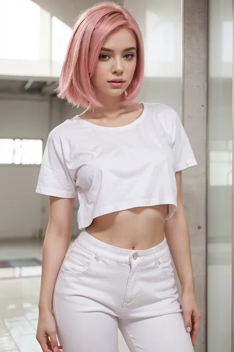 a instagram model wearing white tee shirt, standing in pose, pink hairs, pink lips, young model, perfect figure,  realistic photography