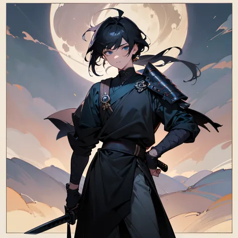 (best quality,4k,8k,highres,masterpiece:1.2),ultra-detailed,,sword hilt,sword on hip,messy shoulder length black hair,dark blue eyes,unique clothing,wraps on wrists,lean build,1male,combat yukata,illustration,scene,battle,moonlight,subtle lighting,lone tre...