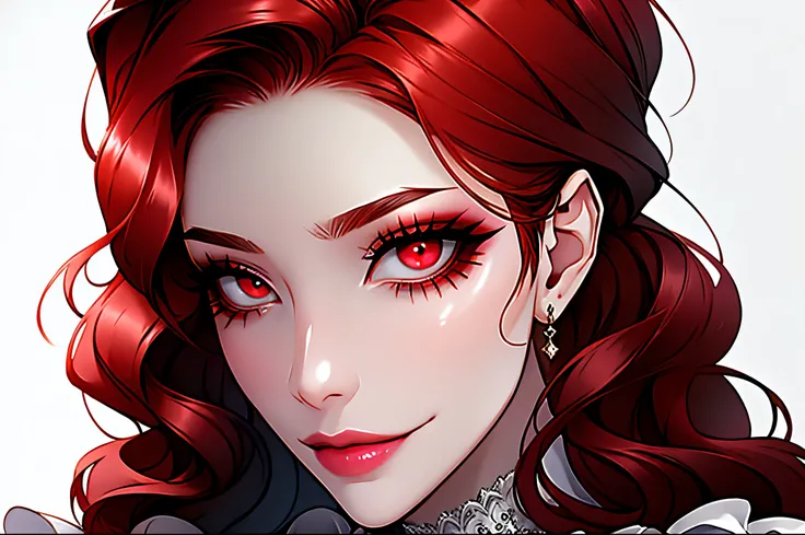 Shoujo style, Aesthetic background, Romance Manhwa, 1girl, inquisitor, fanaticism, madness, hair light, 独奏, ssmile, red-eyes, mascara, makeup, artful, looking a viewer, whitebackground, 鎖骨, puffy sleeves, portraite of a, frills, closed mouth, 詳細な目, (close ...