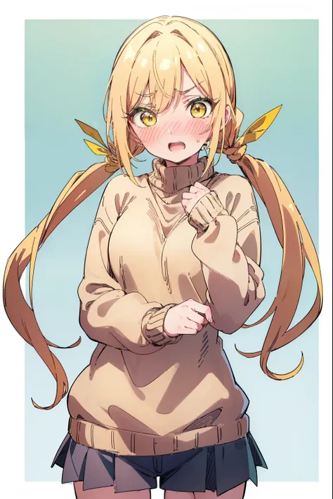 karaneinda, karane inda, blonde hair, (yellow eyes:1.5), hair ribbon, twintails, low twintails, long hair, (green ribbon:1.2), open mouth, embarrassed, (((blushing))),
((Sweater)), denim skirt, small boobs, embarassed, blushing, looking at viewer, (cowboy ...