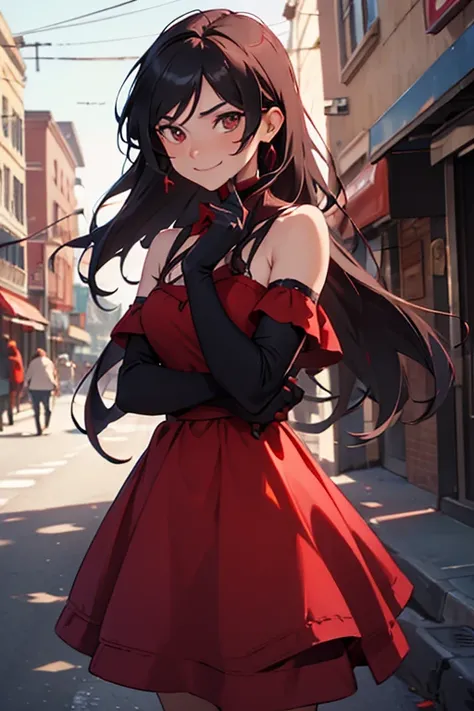 (masterpiece, best quality:1.2), cowboy shot, solo, 1girl, cinder fall, evil smile, looking at viewer, long hair, red dress, elbow gloves, on busy street