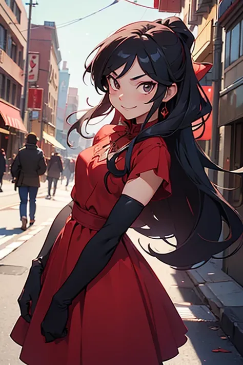 (masterpiece, best quality:1.2), cowboy shot, solo, 1girl, cinder fall, evil smile, looking at viewer, long hair, red dress, elbow gloves, on busy street