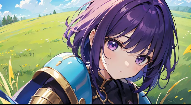 (tmasterpiece，4k wallpaper，best qualtiy))、((girl with１a person))、(独奏)、Brilliant，(Purple hair)、short-cut、knights、grass field、blue-sky、s Armor、close up of face