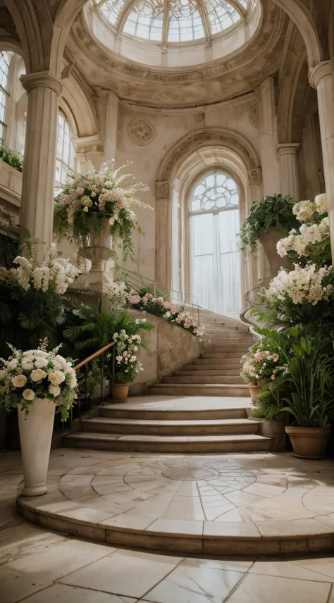 there are many flowers and plants in the vases on the steps, white sweeping arches, beautiful aesthetic design, dramatic entry, decorated with flowers, floral environment, with flowers and plants, flower decorations, dreamy ethereal vibe, stunning arcanum ...