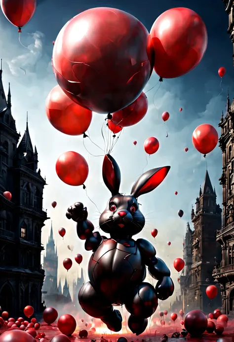 (red theme, dark art), (balloon sculpture, exaggerate fatness Rabbit:1.4), (Round body, body made of balloon, balloon shape body), (red moon), bomb, city, inconceivable Bloated, surrealistic, fantasy art, dark fantasy, concept art, ultra-wide-angle, octane...