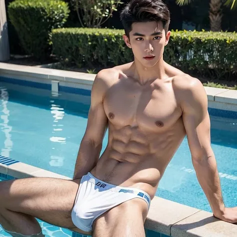 arafed boy in a wet and transparent white hip tight brief, Full Body Shoot, Quiff haircut, look at camera, detailed facial parts, Manly, Bad Boy, Pool background, Sexy Pose, sex manaice, perfect anatomy, symmetric body, asian boy 19 years old, shirtless ::...