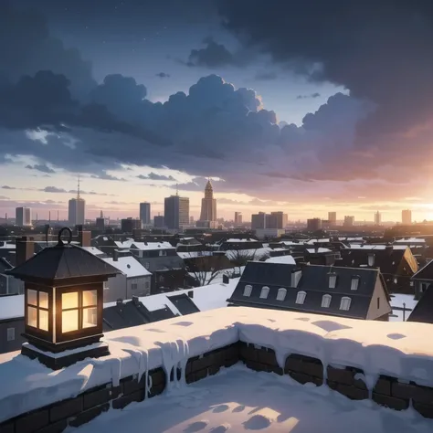 ((Christmas time)), ((Winter) snowy day, with gray clouds, photo taking from a boulding, sunset sky, cityscape