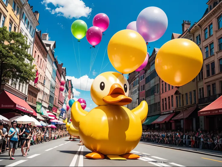 (masterpiece:1.2), duck, (balloon duck), (giant duck made of balloon), day, sky, (parade), buildings, road, crowd, (festival)