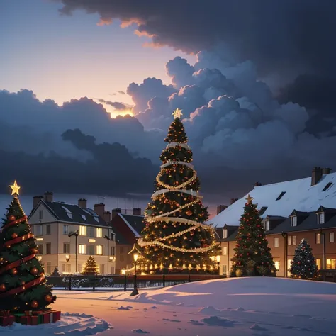 ((Christmas time)), ((Winter) Christmas Ligts, Christmas ornaments, snowy day, with gray clouds, photo taking from a boulding, sunset sky, cityscape