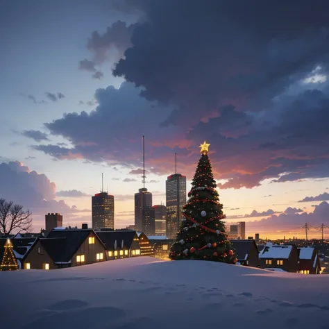 ((Christmas time)), ((Winter) Christmas Ligts, Christmas ornaments, snowy day, with gray clouds, photo taking from a boulding, sunset sky, cityscape