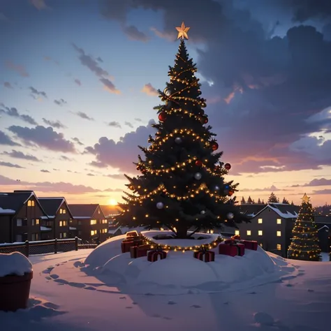 ((Christmas time)), ((Winter) Christmas Ligts, Christmas ornaments, snowy day, with gray clouds, photo taking from a boulding, sunset sky, cityscape