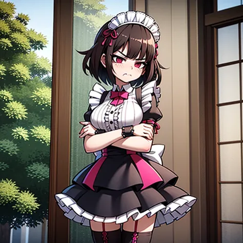 Maid,pouty face,petite body,cherry sized breast,arms crossed over chest,black and pink striped outfit,pink and black striped maid headpiece,black and pink  striped thigh highs,skinny legs,long legs,long frilly skirt,mansion,short brown hair, standing up