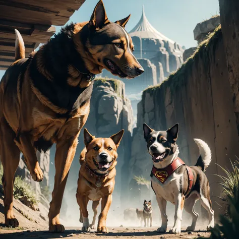 4K ultra realistic dog and superhero friends in a fantasy futuristic movie world