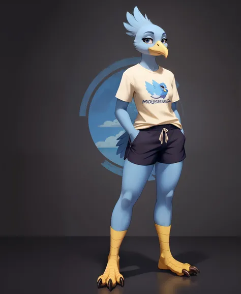 anthro furry, SDTwitterBird, blue skin, yellow beak, bird legs, talons, 1girl, t-shirt, logo, shorts, (masterpiece:1.2), best quality, crisp, clear,