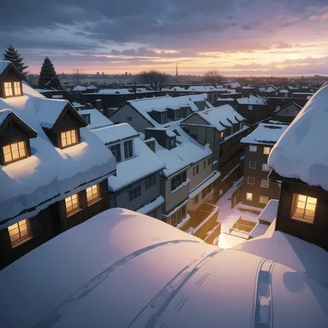 ((Christmas time)), ((Winter) Christmas Ligts, snowy day, with gray clouds, photo taking from a boulding, sunset sky, cityscape