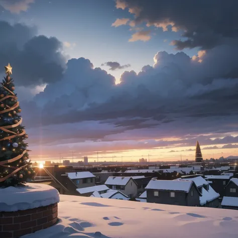 ((Christmas time)), ((Winter) Christmas Ligts, snowy day, with gray clouds, photo taking from a boulding, sunset sky, cityscape