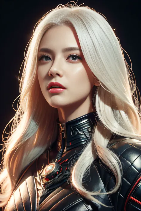 Portrait of a beautiful girl with wavy white hair, wearing a formal black dress with metal parts, red eyes, monograms in the background, digital painting, dark colors, 8k, complex details, vintage, retro futuristic style, sharp focus on the center, pastel ...