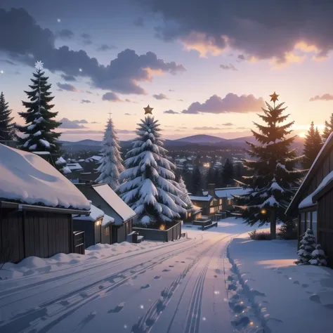 ((Christmas time)), ((Winter) Christmas Ligts, Pine trees, snowy day, with gray clouds, bouldings, sunset sky, cityscape