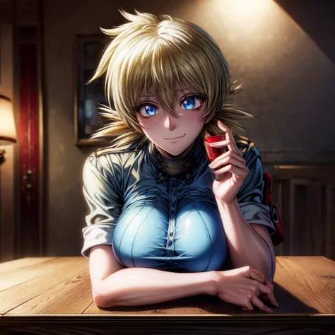 seras victoria, red eyeliner, red eyeliner makeup, laying down on a table, smug expression, blue eyes, (masterpiece:1.0),(best_q...