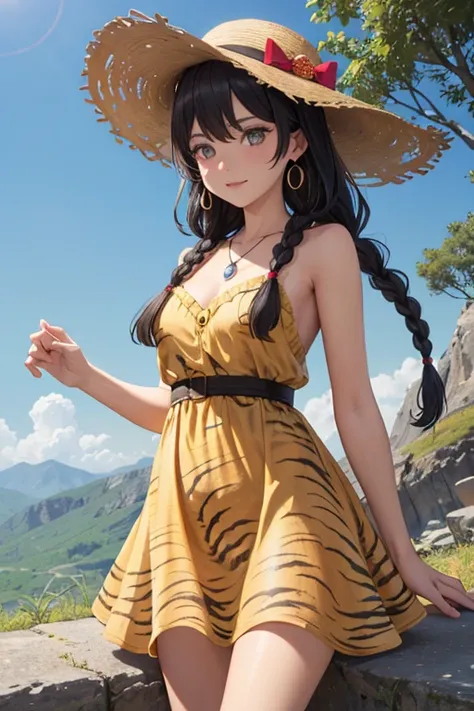 The background is a natural landscape、3D fantasy anime girl in tiger print dress, 1girl in, tiger print, Solo, braid, hat, Black hair, Animal print, Long hair, Jewelry, earrings, Looking at Viewer, Dress, Twin braids