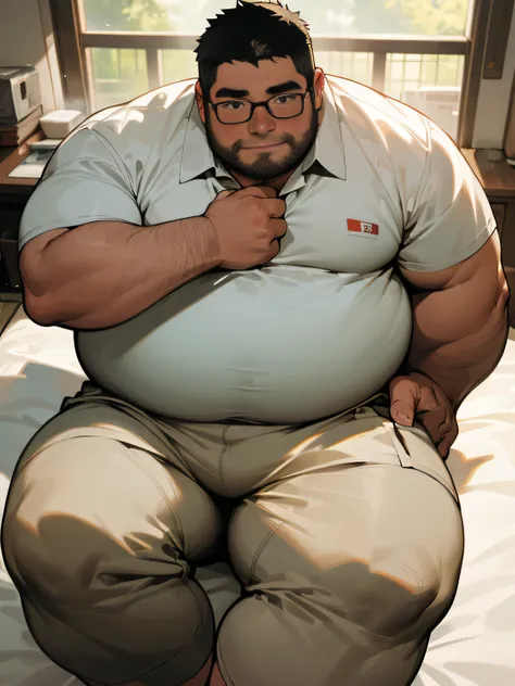 ​masterpiece,top-quality, 8k, japanese nursery school, a fat man sits on the bed and spreads his legs in an m shape., spread leg...