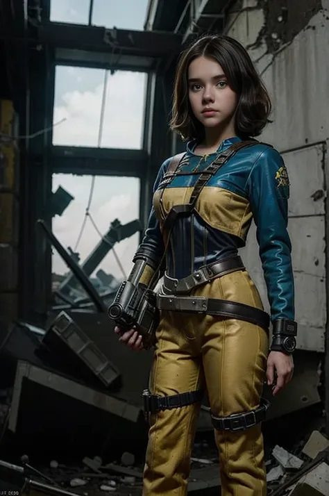 13 year old girl wearing (vaultsuit with pipboy3000 on wrist) standing in a ruined city, holding a large fallout weapon, giant slater fallout insect in background, professionally color graded, professional photography, well drawn, masterpiece, hyper realis...