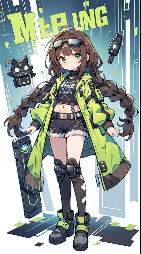 1 girl in、((Whole body ESBIAN、Standing Picture:1.2)), top-quality、On a table、Brown double braids, Long hairs,,（Mechanical goggles）、Green-eyed，Green punk jacket、white backgrounid，punky style，（（dark brown  hair）），face expressionless，Makina，cyber punk persona...