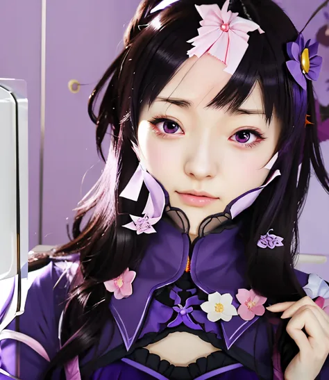 anime girl with a purple dress and a brown bow holding a cell phone, hanayamata, shalltear from overlord, ayaka genshin impact, shalltear bloodfallen, anime visual of a cute girl, anime moe artstyle, hinata hyuga, maya fey from ace attorney, from the azur ...