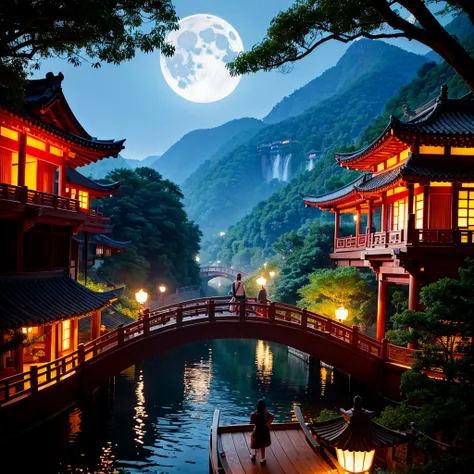 Beautiful view of Gangnam，Pavilion beside bamboo forest，Canoe with umbrella，On the bridge are the Cowherd and the Weaver Girl enjoying the moonlight together