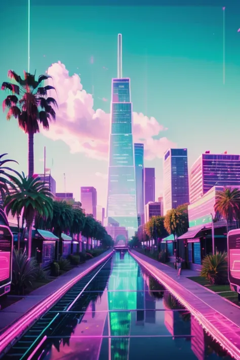 downtown los angeles, neon colors, retrowave, palm trees, summer season, pastel colors, high quality, uhd, 8k.